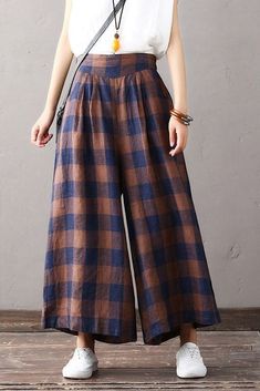 Linen Trousers Women, Cotton Linen Pants Women, Women Wide Leg Pants, Cotton Linen Trousers, Trousers Women Wide Leg, Plaid Trousers, Cotton Linen Pants, Mode Abaya, Wide Trousers