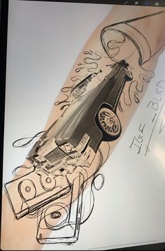 a drawing of a race car on a person's arm with writing underneath it