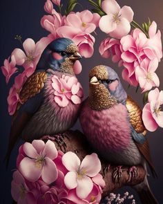 two birds sitting on top of each other next to pink flowers