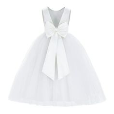 This gorgeous flower girl dress features a open back satin bodice with elegant tulle skirt. The waistline is delicately decorated with a removable satin tiebow. The elegant tulle skirt has 6 layers, top 3 layers are made of tulle. 4th is layer of soft satin, 5th layer is a netting attached to the 6th layer for additional fullness, the 6th layer is a satin lining to bring comfort to your little girl while wearing the dress. Size: size 4.  Color: White.  Gender: female.  Age Group: toddler. Satin Flower Girl Dress, Princess Flower Girl Dresses, Satin Tulle, Girls Casual Dresses, Tulle Flower Girl, Tulle Flowers, Princess Gown, Pageant Gowns, Flower Girl Dress Lace