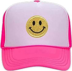 Fun Adjustable Brimmed Trucker Hat, Adjustable Smiley Face Cap, Adjustable Smiley Face Baseball Cap For Summer, Summer Trucker Hat With Smiley Face, Pink Beach Trucker Hat, Pink Brimmed Trucker Hat For Beach, Cute Adjustable Smiley Face Hat, Cute Adjustable Hat With Smiley Face, Adjustable Fun Hat With Smiley Face