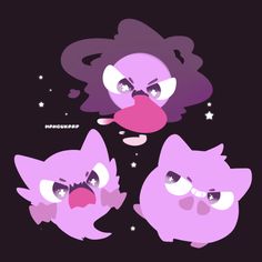 three purple cats with different expressions on their faces