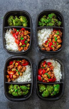 four plastic containers filled with rice and vegetables