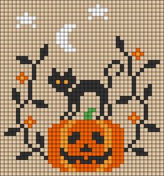 a cross stitch pattern with an orange pumpkin and black cat