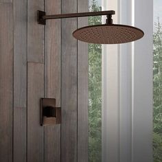 the shower head is attached to the wooden wall