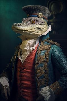 an alligator dressed as a man in a costume