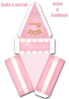 a pink and white striped box with gold foil on it's lid that says, note a secret bottle & bonbons