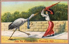 an old postcard with a bird and a woman on it's back, which says so i was looking up about birth control throughout throughout throughout history