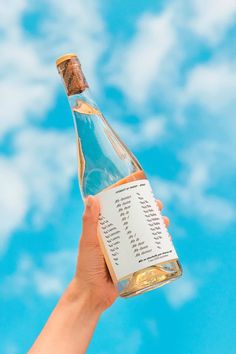 a hand holding a bottle of wine in front of the blue sky with white clouds