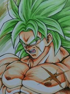 a drawing of gohan with green hair and no shirt on, in front of a white background