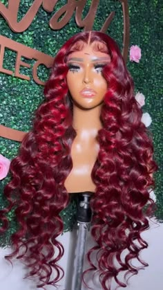 Wig Hairstyles Red And Black, 99j Hair Color Black Women, Crimped Red Hair, Red Wig Crimped, Wig Red And Black, Dark Red Lace Front Wigs, Wig Styling, Frontal Wig Hairstyles, Burgundy Hair