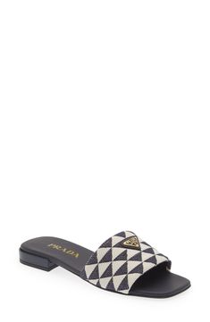 Prada Logo Slide Sandal available at #Nordstrom Luxury Designer Open Heel Slides, Luxury Slip-on Sandals With Tang Buckle, Gucci Designer Slip-on Slides, Designer Black Slides With Buckle Closure, Luxury Black Slides With Buckle Closure, Triangle Logo, Prada Shoes, Girly Shoes