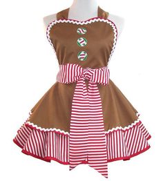 a brown and red striped apron dress on a mannequin headdress with candy canes