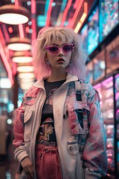 A young lady confidently rocks a Cyberpunk and Retro outfit, complete with pink sunglasses, a pink jacket, and pink shorts. Her unique style combines futuristic elements with a touch of nostalgia, creating a visually stunning look. With her bold fashion choices, she embraces individuality and stands out from the crowd. Cyberpunk Outfit Women, Retro Futuristic Fashion, Cyberpunk Photoshoot, Concept Fashion, Retro Outfit, Punk Aesthetic