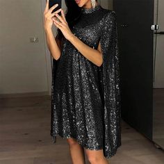 Fashion Caped Sequin Dress Women's Solid Colour Sequin High Neck Cocktail Dresses Elegant Long High Neck Sequin Dress, Cape Sleeve Dress, Dirndl Outfit, Dress Cape, Strapless Tube Dress, Elegant Cocktail Dress, Bandeau Tops, 1920s Flapper Dress, Cape Style