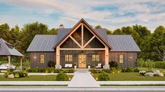 this is an artist's rendering of a modern farmhouse style home with large front porch and covered patio