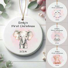 a personalized ornament with an elephant and baby's first christmas