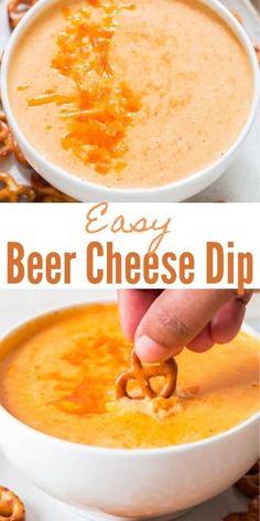 two pictures showing different types of beer cheese dips in white bowls with pretzels on the side