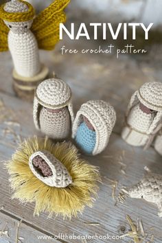 three crocheted nativity items on a wooden table