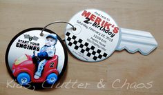 a personalized key tag with a photo of a boy in a car on it