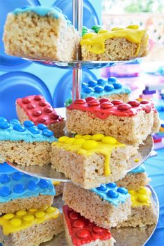 there are several pieces of rice krispy treats stacked on top of eachother