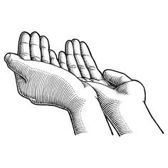 a black and white drawing of a hand holding something in it's left palm