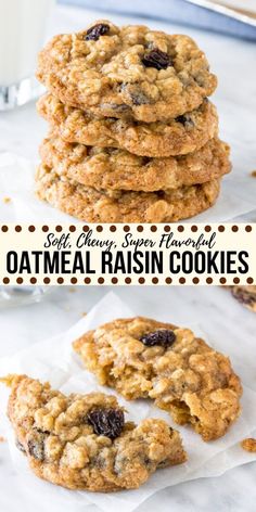 oatmeal raisin cookies stacked on top of each other with text overlay