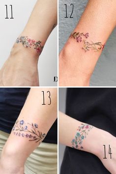 four pictures showing different tattoos on the wrist, arm and hand with flowers in them