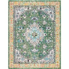 a green rug with an ornate design on the center and bottom, surrounded by multicolored flowers