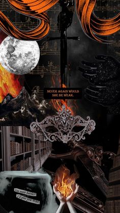 a collage of various images with fire and music