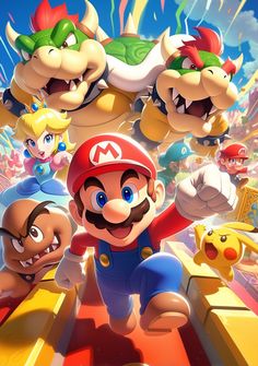 super mario and his friends are in front of an image of the video game characters