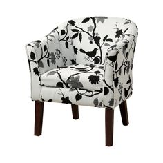 a white and black chair with birds on it's armrests, sitting in front of a white background