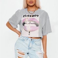 Playboy Lips Front Cropped T Shirt Grey Us Size 14 X 46 90s Gray Graphic Print Top, 90s Style Gray Graphic Print Top, 90s Style Gray Cotton Tops, Trendy Gray Top With Text Print, Lips Print, Cropped T Shirt, Crop Tshirt, Gray White, Gray Color