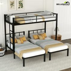 This modern metal triple bunk bed looks stylish and classic in any bedroom. Bunk bed is made by heavy duty metal frame with reinforced bed legs that provides extra durability, stability and sturdiness. It is designed with twin XL upper bed and 2 twin size beds which offers more sleeping spaces to your family. 32 metal slats provide stable and strong support to the mattress prevents mattress sagging and imbalance. Top bunk bed features with full-length guardrail and built in shelf to enhance safe 3 Bunk Bed, Bunk Bed For Kids, 3 Bunk Beds, Sagging Mattress, Bunk Bed Twin, Bunk Bed Frame, Bed For Kids, Metal Bunk Bed, Triple Bunk Bed