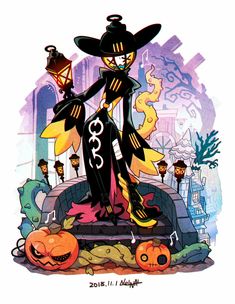 an image of a cartoon character dressed as a witch with pumpkins and jack - o'- lanterns