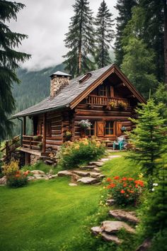 a log cabin sits in the middle of a lush green field with flowers and trees