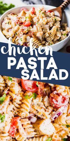 chicken pasta salad in a bowl with the title above it