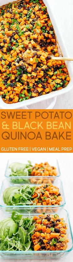 sweet potato and black bean quinoa bake with spinach leaves in it