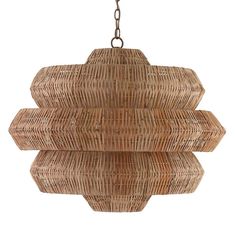 a light fixture made out of wicker hanging from a chain on a white background