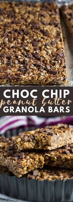 chocolate chip granola bars stacked on top of each other in front of a pan