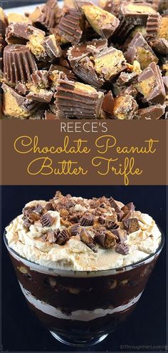 chocolate peanut butter trifle in a glass dish