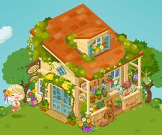 a cartoon house with lots of flowers and plants on the roof, surrounded by trees