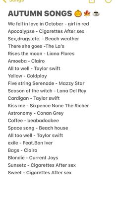 the autumn song list is shown in this screenshot