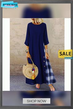 Plaid Short-sleeved Dress Casual Half Sleeve Maxi Dress For Fall, Casual Cotton Maxi Dress With 3/4 Sleeves, Long Casual Shift Dress, Casual 3/4 Sleeve Dresses, Blue Half Sleeve Dresses For Fall, Casual Shift Dress With 3/4 Sleeves, Casual Half Sleeve Dress For Day Out, Half Sleeve Dresses For Fall Day Out, Fall Shift Maxi Dress