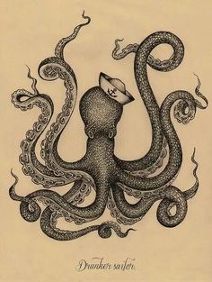 an octopus with a hat on it's head and tentacles in the shape of a boat