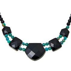 Jay King Gallery Collection Turquoise & Chalcedony Reversible Necklace You get two distinct looks in one with this exclusive, handcrafted gemstone necklace design from Jay King. The versatile piece features double-sided stations with elegant, faceted black chalcedony on one side and multicolored turquoise on the other. Simply flip over the necklace to easily change up your look!       Approx. 18-1/4"L x 1/4"W with 2-3/4" extender     Drop approx. 1-1/16"L x 1-1/4"W     Stamped .925     Hook clos Elegant Turquoise Green Onyx Necklace, Elegant Turquoise Necklace With Faceted Beads, Elegant Faceted Turquoise Beaded Necklace, Turquoise Pendant Necklace With Faceted Beads, Turquoise Gemstone Jewelry With Green Onyx, Turquoise Green Onyx Gemstone Jewelry, Turquoise Green Onyx Necklace For Gift, Elegant Turquoise Necklace With Faceted Beads As Gift, Elegant Turquoise Jewelry With Faceted Beads