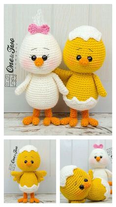 crocheted chicken and chick amigurt dolls are shown in three different views