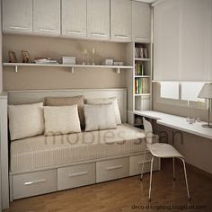 a small bedroom with a bed, desk and bookshelf