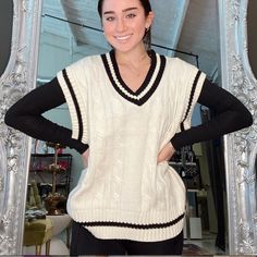 Black And White Oversized Sweater Vest! Perfect For Layering!!! Chic White Sweater Vest For Fall, White Cable Knit Sweater Vest For Fall, Oversized Sweater Vest, Trendy White Winter Sweater Vest, Oversized White Casual Sweater Vest, Casual Oversized White Sweater Vest, Casual White Cable Knit Sweater Vest, Oversized White Cable Knit Tops, Oversized V-neck Sweater Vest