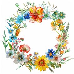 watercolor flowers arranged in a circle on a white background